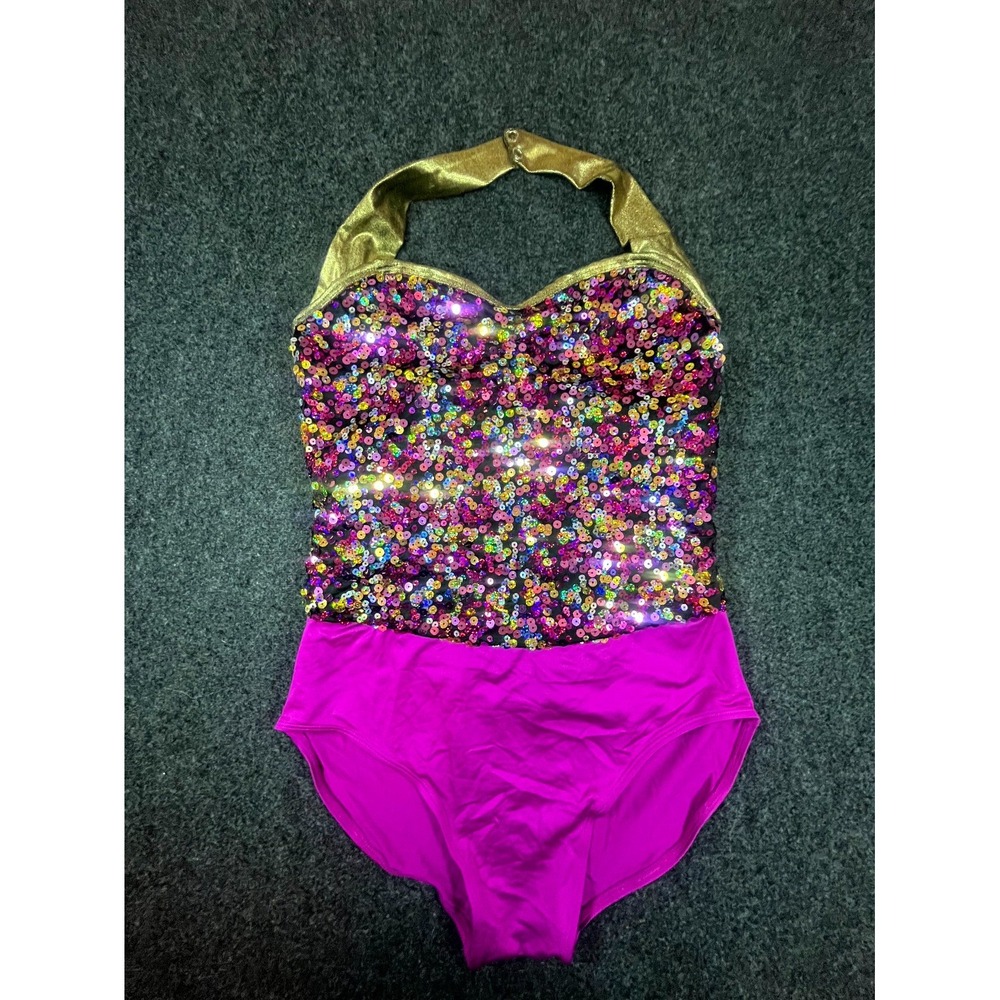 Weissman Dance Leotard Womens Medium Gold Pink Stretch Lined Sequin Halter Neck